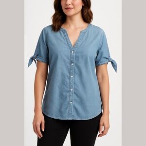 Casual Blue Open Shoulder Button-Down V-Neck Women's Shirt